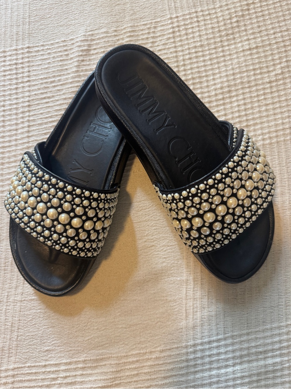 Jimmy Choo Black Slide Sandals with Pearl Embellishments Size 39 / 9US